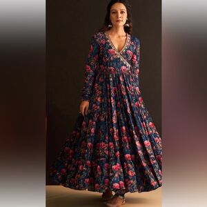Ridhiiee Suuri Floral Printed Blue Angrakha Anarkali With dupatta.SAVE ON TARIFF